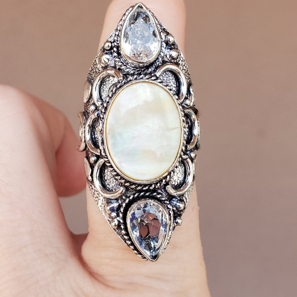 New Abalone Shell & White Topaz 925 Silver Statement Ring. - Picture 12 of 13